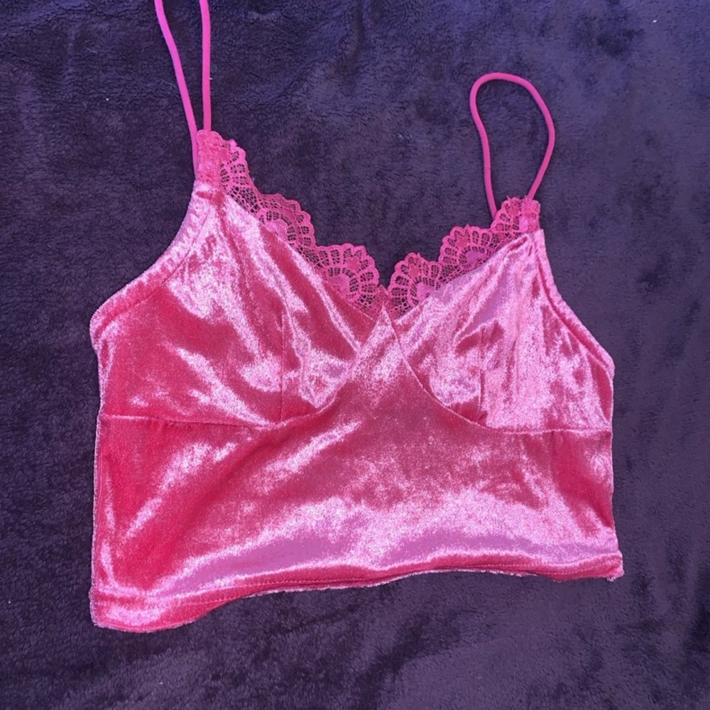 SHEIN Pink Velvet Lace Trim Tank Top